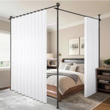 Imagem de AJAZZ Cortinas de privacidade para divisória de quarto com blackout e à prova de som (2 painéis, branco, L 259 x C 211 cm) + haste de cortina sem broca (H) 103-120 × (L) 182,8-508 cm, divisória de