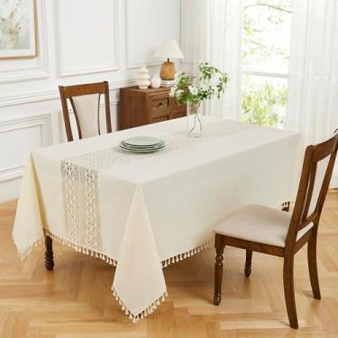 Imagem de LinenZone Toalha de mesa retangular bege de 177 x 264 cm com flores de crochê no meio e borlas para 8 a 10 pessoas. Toalha de mesa de macramê para cozinha boêmia ou mesa de jantar Boho (Zara 70 x 104