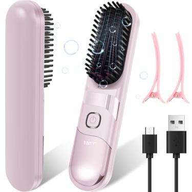 Imagem de DJAPWPX Escova alisadora de cabelo, 3 configurações de temperatura, antiqueimadura, íons negativos, aquecimento de cerâmica, pente alisador de cabelo sem fio com 2 clipes, portátil para viagens (roxo)