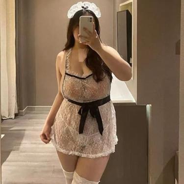 Imagem de Avental feminino sexy de renda para cosplay com lingerie e meia conjunto de roupa de dormir, Branco, X-Small-Small