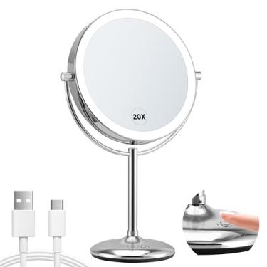 Imagem de VORREMIRR Espelho de maquiagem grande iluminado de 23 cm com ampliação 20X/1X, espelho de aumento com base de carregamento e interruptor, espelho de maquiagem recarregável com luzes reguláveis de 3