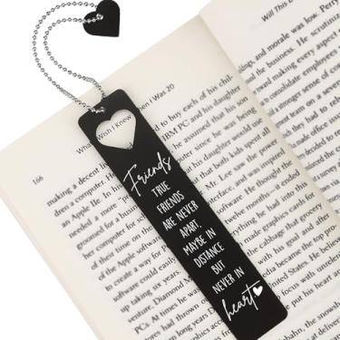 Imagem de Marcador de livro de amizade de longa distância, citação Never Apart, Never in Heart, presente de metal preto para melhor amigo, colega de trabalho, despedida de formatura, aniversário, pensando em
