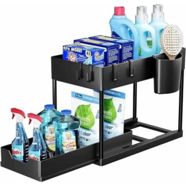 Imagem de Organizador Multiuso 2 Níveis com Bandeja Corrediça – Estrutura Metálica Reforçada Preto ou Branco | Ideal para Cozinha, Banheiro e Lavanderia (preto)