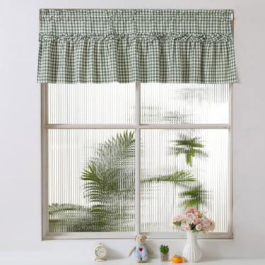 Imagem de Silnuo Sage Green) Branco Xadrez Gingham Ruffle Window Valance Farmhouse Checkered Window Treatment Lavado Algodão Decorativo Cortina Rod Pocket 132.1 cm L x 45.7 cm C