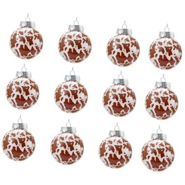 Imagem de MotiveTech Conjunto de 12 bolas de Natal com estampa de vaca, medindo 6 cm (2,4 polegadas), para decoração de guirlandas e enfeites rústicos para pendurar na, Marrom Branco