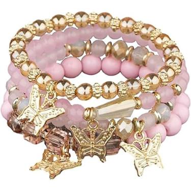Imagem de Pulseiras femininas modernas de borboletas elásticas com contas hipoalergênicas empilháveis acessórios de moda joias presentes, One Size, liga metálica, Sem Pedra Preciosa