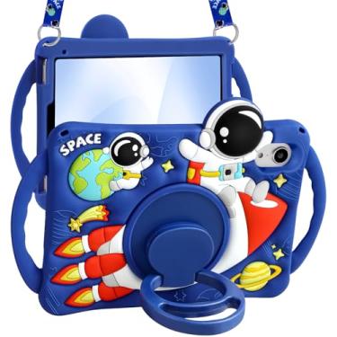 Imagem de Boaretiu Capa infantil para iPad mini 7 (A17 Pro)/mini 6 Geração 8,3 polegadas - Capa de silicone com desenho animado de astronauta nave espacial com alça e suporte giratório capa macia para tablet 3D