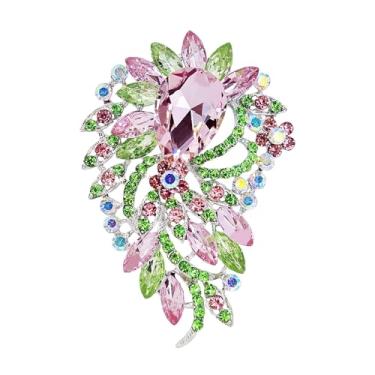 Imagem de Broche floral de cristal elegante, joias modernas de strass rosa e verde, acento de aurora boreal iridescente