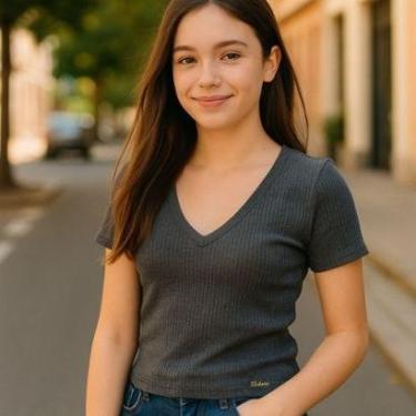 Imagem de Blusa Infantojuvenil Canelada com Decote V – Algodão com Poliéster Cativa-Feminino