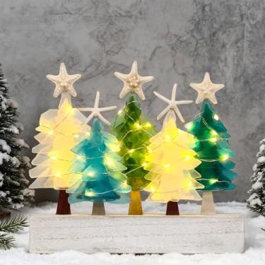 Imagem de Decorações de mesa de árvore de Natal de vidro marinho com luzes LED, estrela do mar natural, base de madeira, decoração de mesa costeira feita à mão, peça central de Natal estilo praia para casa