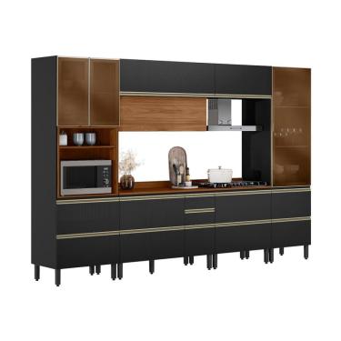 Imagem de Armário de Cozinha Compacta com 3 Vidros Reflecta Proença 8 Portas 9 Gavetas Carbono e Nogueira