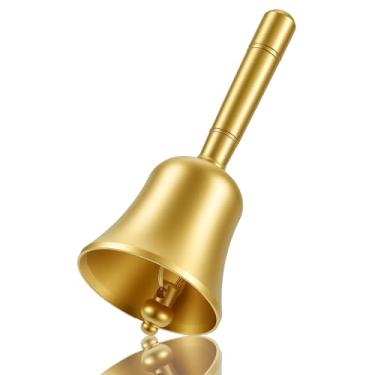 Imagem de Sino de mão super alto de latão sólido com alça de metal sino pequeno de 9,9 cm para casamento, escritório, meditação, treinamento de animais, ensino musical e serviço (ouro)
