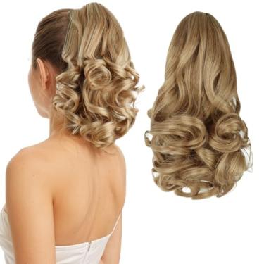 Imagem de HEWEICSY Extensão de rabo de cavalo, rabo de cavalo com clipe para mulheres, clipe de garra de 30 cm em extensão de cabelo de pônei ondulado curto encaracolado para mulheres - loiro