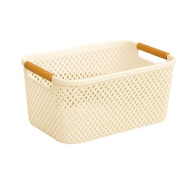 Imagem de Cesto Organizador de Plástico com Alça de Bambu – Preto ou Branco, Tamanhos M e G Cozinha Banheiro(BRANCO CLEAN M-32cmx20cmx14cm)