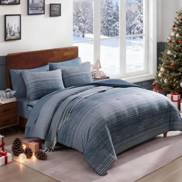 Imagem de AMBERSPACE Conjunto de edredom solteiro xadrez azul lago, 5 peças para meninos, meninas, adolescentes, cama leve em uma bolsa para dormitório, lençol com lençóis, fronhas e fronhas