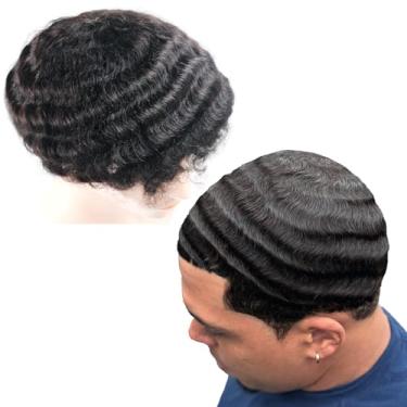 Imagem de lumeng Afro Toupee Cabelo Humano Cabelo Humano Weave Unidade PU Base 20 x 25 cm Cabelo Curto Afro Curto Peruca Masculina 1B # Off Preto Sistema de Cabelo Masculino Peruca