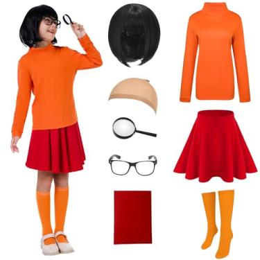 Imagem de KDAFJLKD Conjunto de saia laranja de manga comprida para meninas com lupa e peruca (130 (7-8 anos))