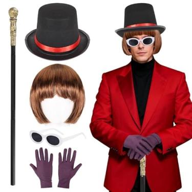 Imagem de 5 Pcs Halloween Chocolate Worker Costume including Top Hat Steampunk Goggles Scepter Purple Gloves and Wig for Halloween and Book Day Cosplay