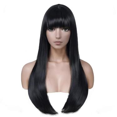 Imagem de Peruca reta preta com franja, 61 cm, fibra de alta temperatura, boné ajustável, brilhante e suave, perfeita para uso diário e festa