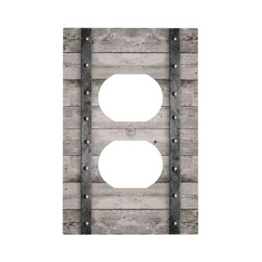 Imagem de DWBGUO Capas de tomada decorativas com barril de madeira de carvalho cinza vintage com design de faixas de ferro, placa de cobertura para interruptor de luz duplex, placas de parede exclusivas para