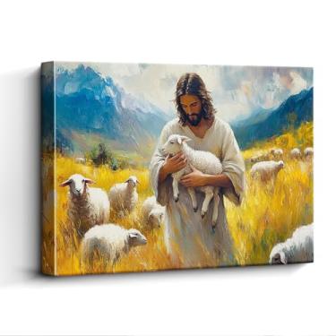 Imagem de WOXZQ Arte de parede de Jesus, segurando cordeiro no prado, decoração de parede de bom pastor, impressão em tela laminada sem moldura, pôster cristão, para presente de berçário de sala de estar, 38 x