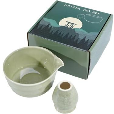 Imagem de Conjunto de tigelas de cerâmica Chawan Matcha, 450 ml com batedor e suporte, esmalte verde, jorro, caixa de presente, seguro para micro-ondas e lava-louças