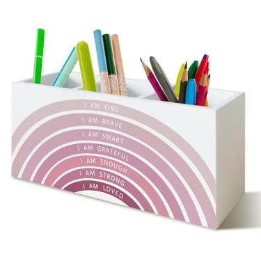 Imagem de YTRGI Porta-lápis rosa Boho Afirmações Positivas Arco-íris para sala de aula, mesa de escritório, sala de jogos, centro de livros, decoração de sala de jogos, organizador de escova de dentes