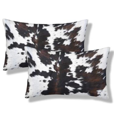 Imagem de NOCTILYRA Capas de almofada lombar com estampa de couro bovino 30 x 50 conjunto de 2 fronhas curtas de pelúcia de animais de vaca marrom preto branco retangular fronhas decorativas para sofá-cama