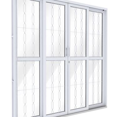 Imagem de Porta de Aço de Correr Central com Grade Mosaico 4 Folhas 213x200 Riobras Aço Pronto Branco
