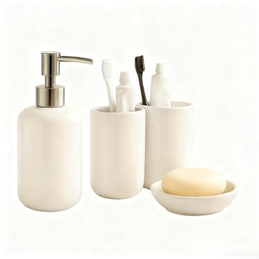 Imagem de Kit Banheiro 4 Peças em Cerâmica – Dispenser c/Bomba Cromada, 2 Porta-Escovas e Saboneteira Premium(Branco)