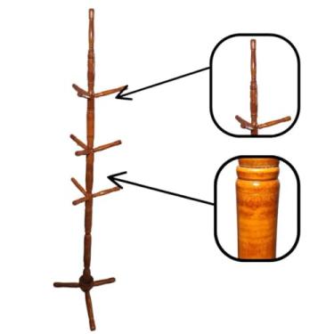 Imagem de Cabideiro de Chão Rústico em Madeira MEL, 10 Ganchos, Estrutura Torneada Artesanal, Base Estável, para Roupas, Casacos, Bolsas e Acessórios
