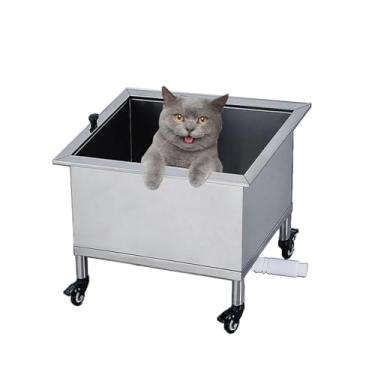 Imagem de Estação de lavagem de cães banheira de aço inoxidável para cuidados com animais de estimação móveis cães gatos lavam pia de chuveiro com rodas giratórias de 360° (48 cm/18,8 pol.)