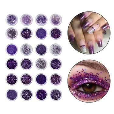 Imagem de Kit 24 Glitter Decoração Unhas Gel Nail Art Maquiagem Roxo - Arte Sedu