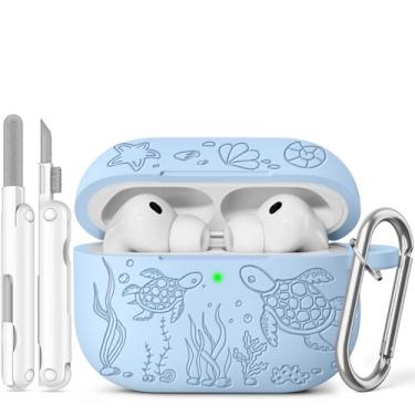 Imagem de Capa protetora de silicone macio com estampa de tartaruga fofa compatível com Apple AirPods Pro 3ª geração para mulheres e homens com chaveiro, azul celeste