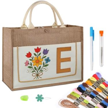 Imagem de Bolsa de lona personalizada DIY com kit de bordado, bolsa de artesanato de juta resistente com bolso frontal e forro resistente à água, bolsa de presente personalizável para mulheres, uso diário