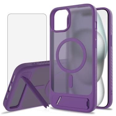 Imagem de Asuwish Capa de telefone para iPhone 15 Plus de 6,7 polegadas, compatível com Magsafe Magnetic, protetor de tela de vidro temperado, suporte dobrável à prova de choque, capa protetora para celular i