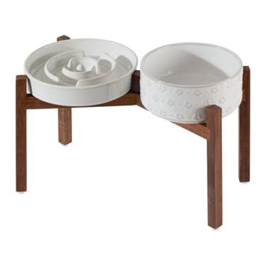Imagem de Havniva Conjunto de tigela de alimentação lenta elevada de cerâmica de 1,6 xícara, tigela elevada de 18,5 cm e prato de 20,8 cm com suporte de madeira de acácia para cães médios e grandes (esmalte
