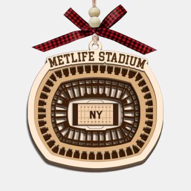 Imagem de Enfeite de madeira do estádio de Nova Jersey, enfeite de árvore de Natal de madeira de 4 camadas de estádio de futebol com laço vermelho e contas - Presente de lembrança de viagem para amigos fãs de