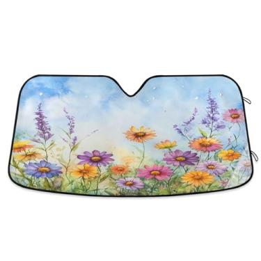 Imagem de ATTX Pára-brisas de carro colorido flores silvestres prado para-sol 134.6 cm x 59.7 cm protetor solar universal com proteção UV, persiana de janela frontal automática dobrável para Sedans SUVs