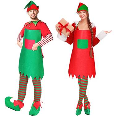 Imagem de 8 kits de acessórios de fantasia de elfo de Natal para adultos, inclui 2 aventais de elfo, 2 chapéus de elfo, 2 sapatos de elfo e 2 meias listradas vermelhas e verdes para mulheres e homens
