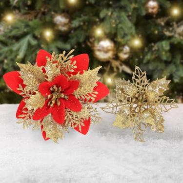 Imagem de FILKO 16 peças de Natal com 16 clipes de flores artificiais com glitter, suprimentos de festa de inverno para decoração de guirlanda de aniversário de casamento (vermelho + ouro)