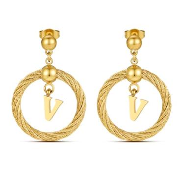 Imagem de Xiacheng Brincos de argola de ouro 18 quilates com inicial de aço inoxidável, hipoalergênicos, presentes modernos para mulheres, declaração delicada, pingente de letra A-Z, joia à prova d'água, Medium