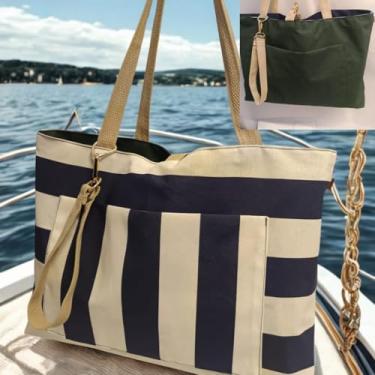 Imagem de Bolsa de Praia dupla face, impermeável e dobrável Azul Listrada Azul e off white (Verde com listrado azul)