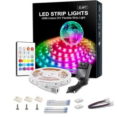 Imagem de Fita de LED RGB de 32,8 pés, 4096 tiras de luz que mudam de cores, 30 minutos, kit de fita de LED com controle remoto Ir de 24 teclas, clipes adesivos, conectores e adaptador Ul de 24 V para quarto, TV, cozinha