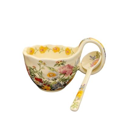 Imagem de RiJinDuoJin Tigela de sopa segura para micro-ondas de 500 ml com alça de laço, caneca decorativa em relevo pintada à mão com alça grande (peônia)