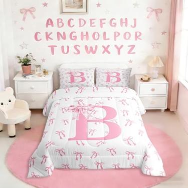 Imagem de Erosebridal Jogo de cama de casal com laço e laço rosa, fofo, feminino, coquete, letra B, estilo princesa sonhadora, enchimento de edredom