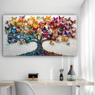 Imagem de Arte de parede em tela rústica com árvore de borboleta - Pôster sem moldura de 30 x 61 cm - Decoração de casa e escritório para sala de estar, quarto, cozinha e café