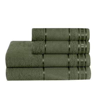 Imagem de Jogo de Toalha 4 Peças, Banho e Rosto, 100% Algodão, 290g/m², Toalhas de Banho 1,25m x 65cm, Toalhas de Rosto 65cm x 45cm, Hipoalergênica (Verde Oliva)