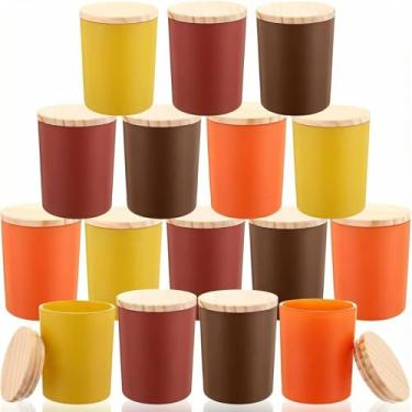Imagem de Ziliny 16 frascos de vela de outono para fazer velas de ação de graças, recipientes vazios a granel de 200 ml, potes de vidro de outono com tampas de bambu, latas para guardar biscoitos, lembrancinhas