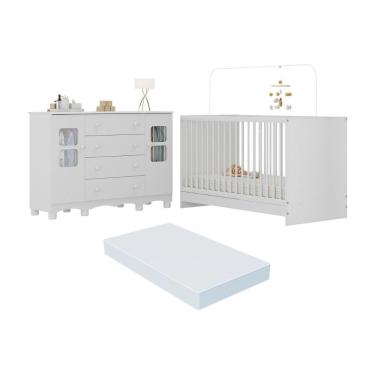 Imagem de Berço 3 Em 1 Com Colchão Incluso E Cômoda 2 Portas 4 Gavetas Luna Multimóveis MP4758 Branco